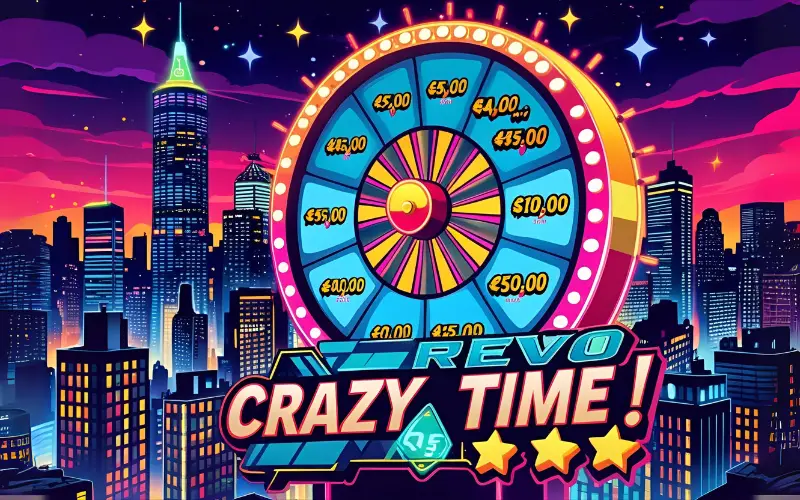 Huge spinning wheel with flying cash and the bold text REVO CRAZY TIME glowing at the center