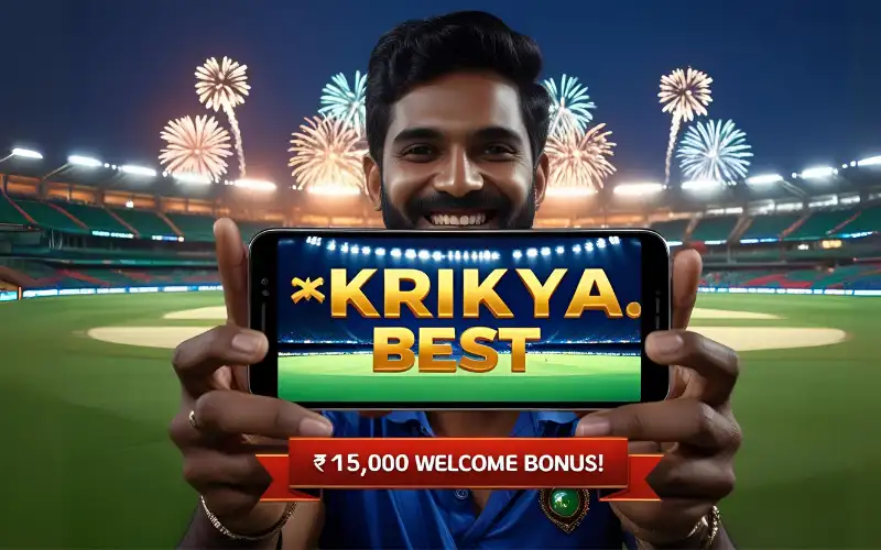 Excited cricket fan holding a phone showing krikya.best bonus offer.