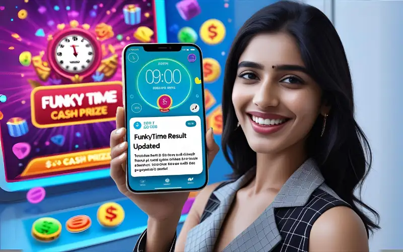 Funky time result app notification with smiling woman receiving instant game update