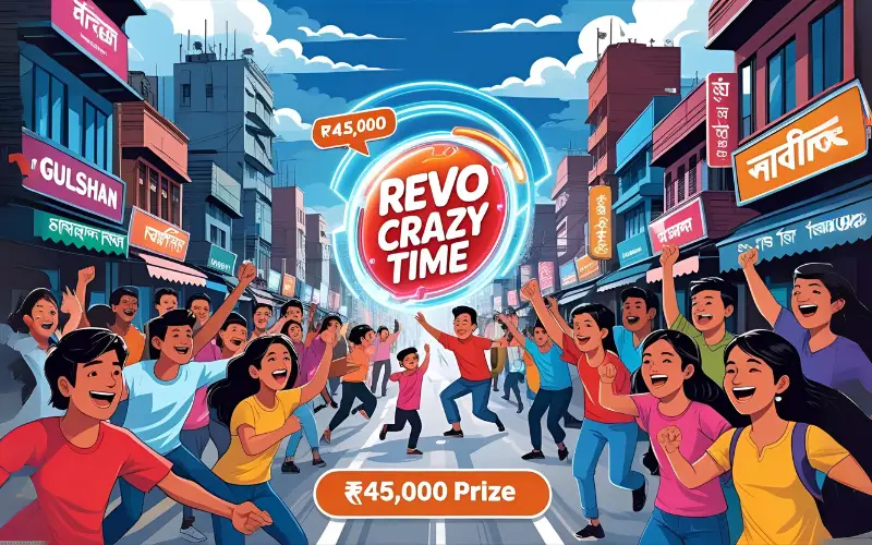 Smartphone screen showing gameplay, with REVO CRAZY TIME popping out in bold, oversized letters
