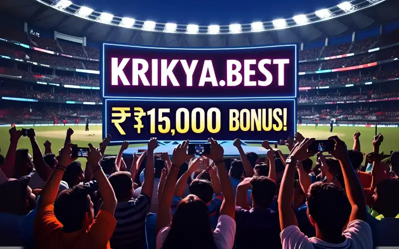 Crowd of cricket fans cheering with krikya.best banners in a stadium.