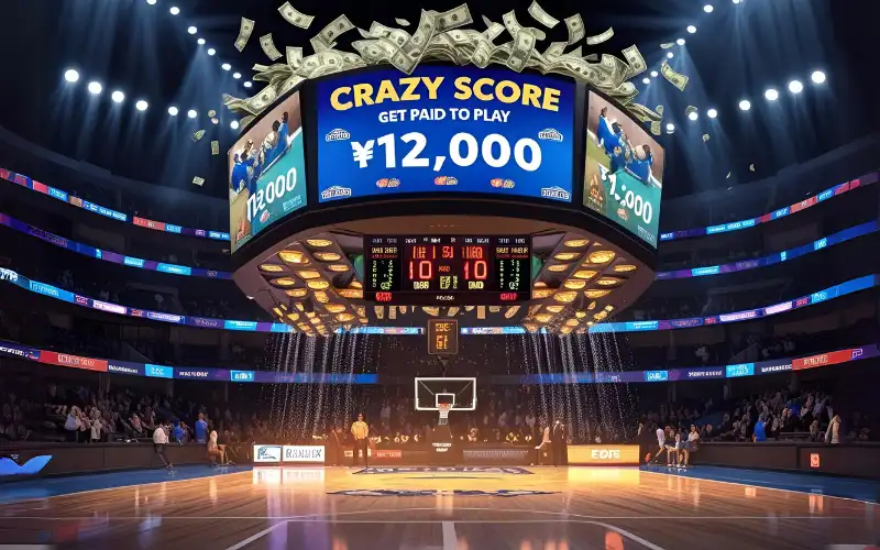 Money raining over sports scoreboard with big CRAZY SCORE text in spotlight
