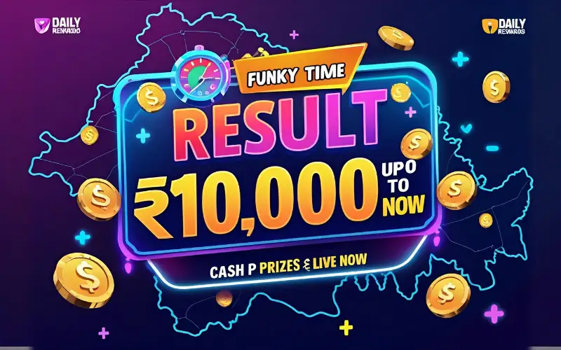 Funky time result leaderboard showing top winners and daily cash rewards up to ৳10,000