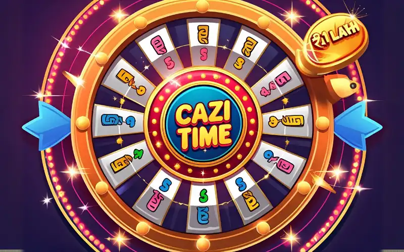 A spinning wheel on the Cazi Time app screen showing "৳1 Lakh Winner" with confetti.