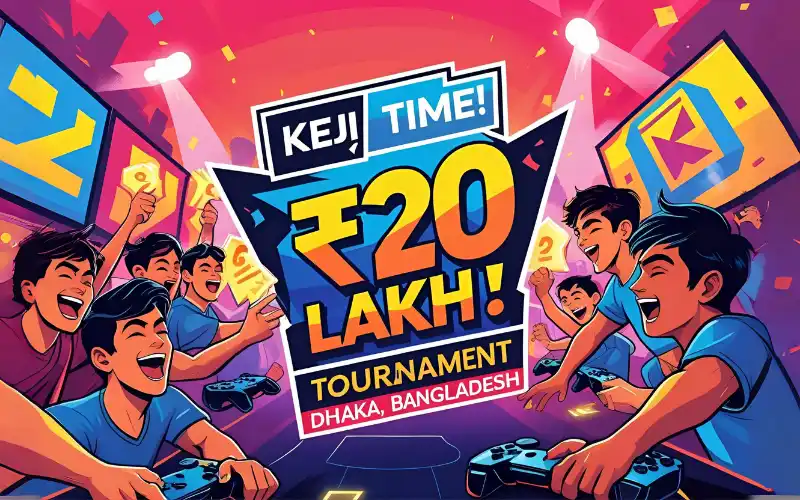Bangladesh players celebrating a massive ৳20 Lakh Keji Time win with confetti and cash.