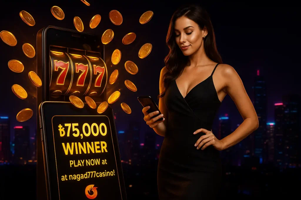 "Glamorous woman hits a ৳75,000 jackpot on nagad777casino at night in Dhaka with glowing slot reels and digital casino lights."