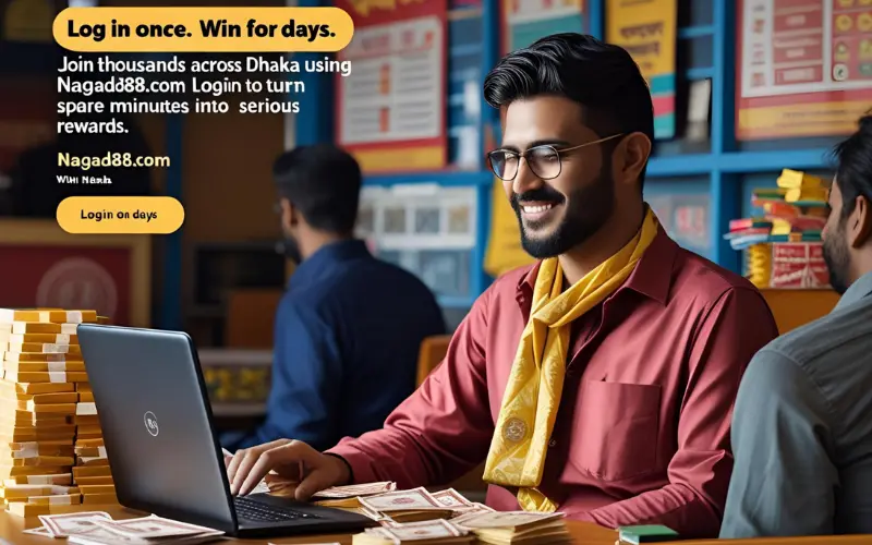 Illustration of a finger tapping 'Login' on nagad88.com with money flying out of the screen