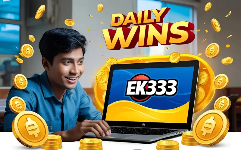 A happy user in Dhaka using the EK333 platform on a laptop, with daily bonuses and rewards icons surrounding the EK333 logo.