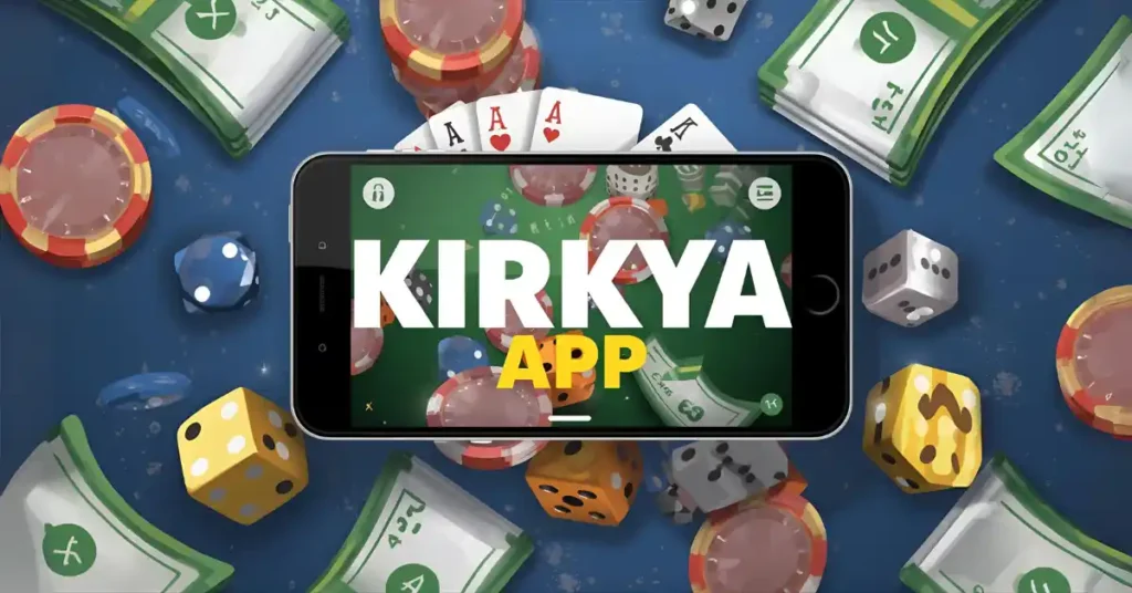 Smartphone displaying cards, poker chips, dice, and money, with 'kirkya app' overlay.