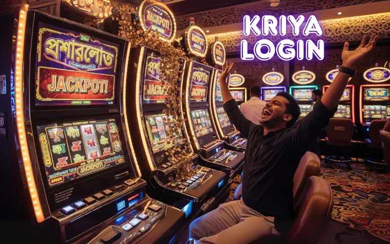 Excited gamer celebrating a win after using kriya login on Kriya Casino on a laptop.