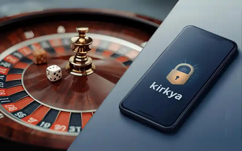 Split scene: roulette wheel and dice mid-roll on left, smartphone with padlock and shield on right, symbolizing risk and security.