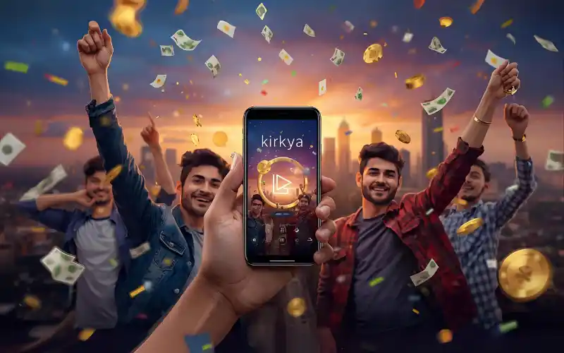 Young people celebrating with a smartphone, Dhaka skyline in background, with confetti, glowing screen, and subtle winning cues.