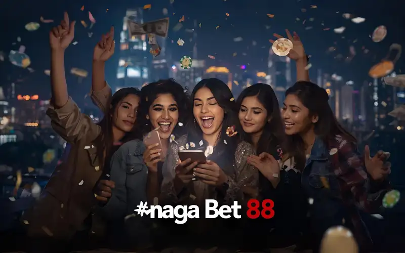 Young people celebrating with smartphone in Dhaka background, with confetti and casino elements. Overlay text “naga bet 88