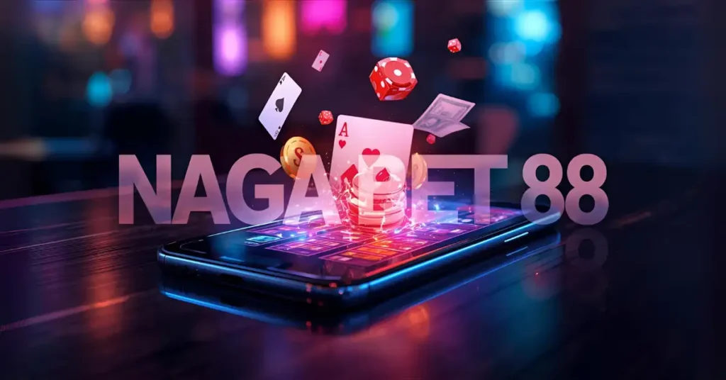 Smartphone with cards, chips, dice, and money representing online casino. Large overlay text “naga bet 88
