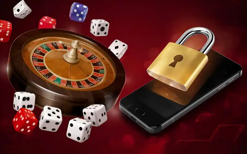 Roulette wheel and dice representing risk, alongside a smartphone with a padlock and shield symbolizing security.