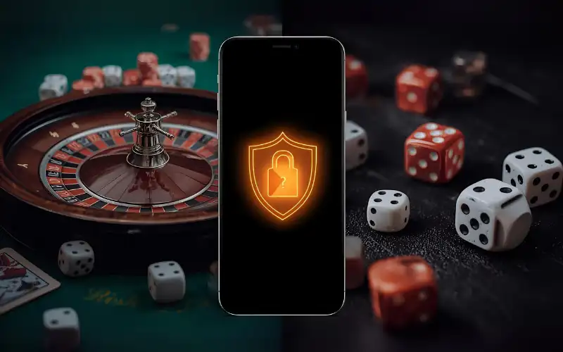 "Roulette wheel and dice mid-roll representing gambling risk, alongside a smartphone with padlock/shield representing security, concept of kiriya."
