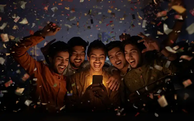 Young people celebrating with a smartphone in Dhaka, with confetti, glowing screen, money, and subtle casino elements. Text overlay “raja baji download apk”.