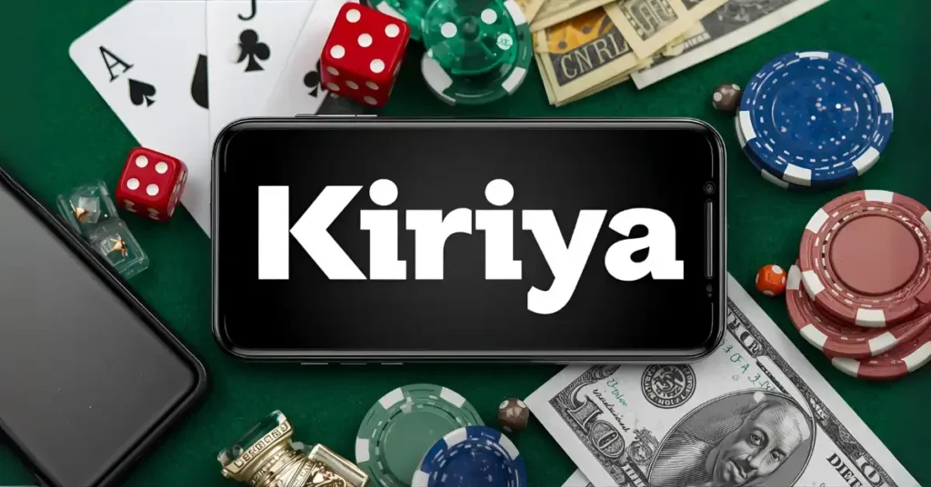 Casino elements like cards, chips, dice, and money displayed on a smartphone with the word “kiriya” prominently overlaid.