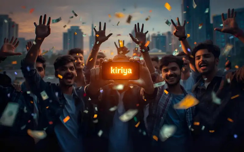 "Young people in Dhaka celebrating with a smartphone, glowing screen, confetti, money, and casino cues with subtle overlay text 'kiriya'."
