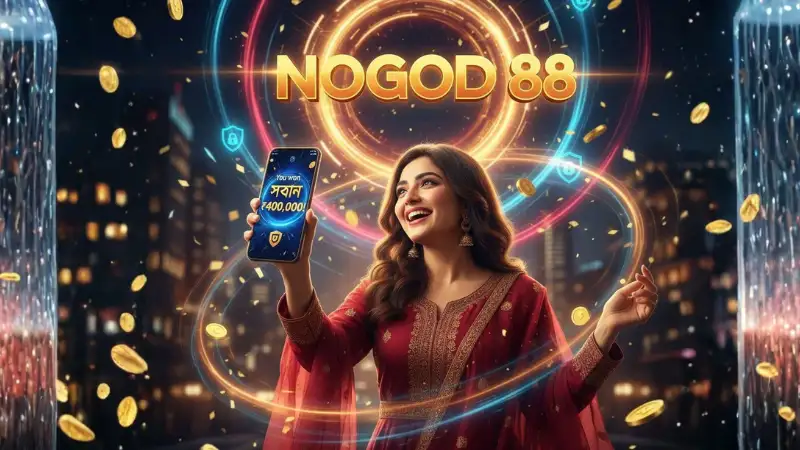 Close-up of a smartphone showing “Congratulations — You Won ৳250,000!” with a secure payout badge, glowing light trails, and the nogod 88 logo in the background.
