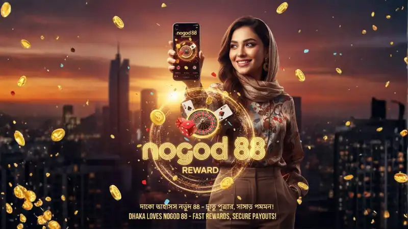 Bangladeshi woman laughing and raising her phone in joy, surrounded by floating golden tokens, light streaks, and a glowing nogod 88 logo.