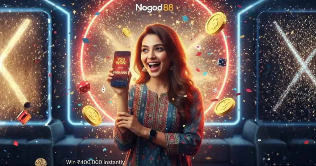 Bangladeshi woman smiling and celebrating while looking at her phone, surrounded by glowing lights, golden tokens, and a bright “nogod 88” logo.